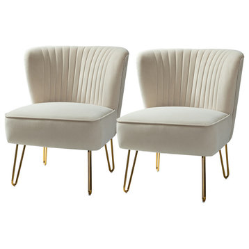 Upholstered Accent Side Chair With Tufted Back Set of 2, Tan