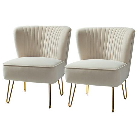 Upholstered Accent Side Chair With Tufted Back Set of 2, Tan