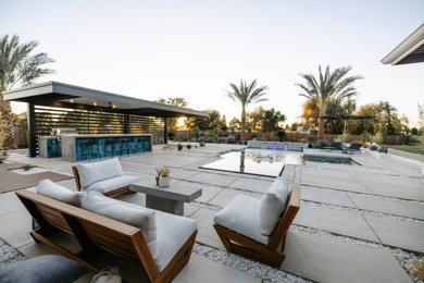 Example of a large minimalist backyard concrete and custom-shaped infinity pool landscaping design in Sacramento