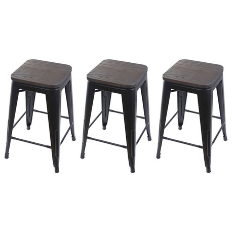 Backless Black Metal Barstools With Wooden Seat, Set of 3