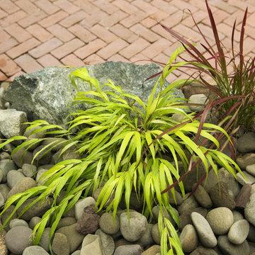 Hakone and Japanese blood grasses with Mexican river pebbles in the Pebble Fount
