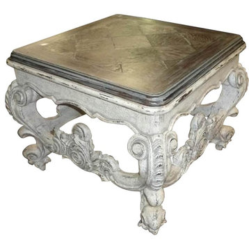 End Table Baroque Rococo Carved  Distressed White Wood  Oak Parquet