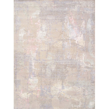 Modern Hand-Knotted Silk and Wool Area Rug, Beige/Grey, 10' 3" X 14' 6"