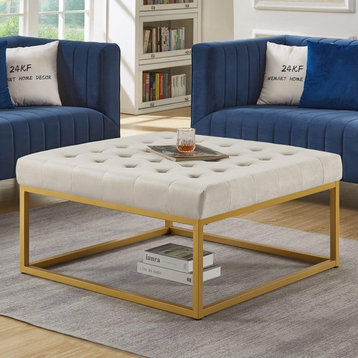 Modern Coffee Table, Golden Metal Base With Tufted Fabric Top, Taupe/Gold