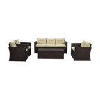Rio 5-Piece 7 Seat Dark Brown Wicker Conversation Set With Storage and Cushions