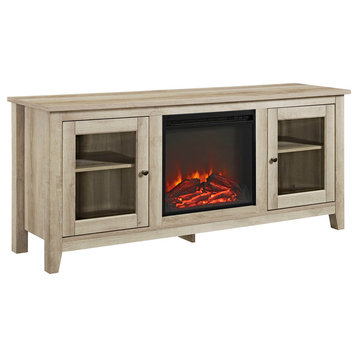 58" Wood Media TV Stand Console With Fireplace, White Oak