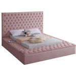 Meridian Furniture - Bliss Velvet Upholstered  Bed, Pink, Queen - Extend elegance to the bedroom with this Bliss Pink velvet bed. This bed has a rich look, with deeply tufted upholstery along its upper platform perimeter and headboard, ensuring that it is a good fit in modern bedroom themes. Storage rails and footboard are included to ensure maximum versatility, and the bed comes with full slats, so you can use it without a box spring. The pink velvet fabric used in its design makes it easy to integrate alongside other furnishings.