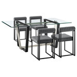 Armen Living - Kai Anastasia Glass Dining Table 5-Piece Set, Gray Fabric Chairs - Give a sophisticated upgrade to your dining area with the Kai Anastasia Dining Set by Armen Living. This set includes 1 Kai Rectangular Glass Dining Table with Metal base and 4 Anastasia Upholstered Dining Chairs. The crisp and clean-lined design of our dining set offers modern drama and elegance. The rectangular, glass tabletop beautifully balances on a streamlined metal base. The sharp angles and contrasting finishes lend a touch of polish and definition to our dining table. It serves as a brilliant complement to our Anastasia dining chairs. The Anastasia's cushioned backrest and padded seat showcase a neat channeling detail that provides texture for a chic and inviting look. Creating a beautiful contrast with the sleek frame and comfortable cushions, these dining chairs are set to make a stylish impact. The chair is upholstered in performance fabric or smooth faux leather to offer easy care and maintenance. Together, this dining set can bring an elevated tone to your kitchen, dining room, or living space. It serves as the perfect spot to enjoy dinners, engaging conversations, and activities. With sturdy construction and high-quality materials, our dining set will continue to bring style and comfort to your home. The Kai Anastasia 5 Piece Rectangular Glass Dining Table Set is available in matching finishes and a variety of colors, or sold separately to achieve any look you desire.
