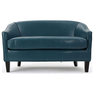 Transitional Loveseat, Faux Leather Seat & Curved Back With Tufted Accent, Teal