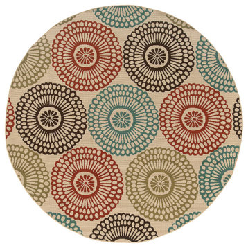 Malibu Indoor and Outdoor Floral Beige and Blue Rug, 7'10" Round