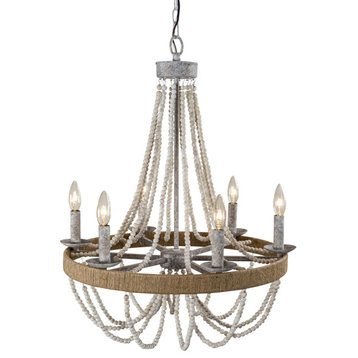 23.6 in Farmhouse 6-Light Wooden Beaded Candle Chandelier