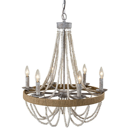 23.6 in Farmhouse 6-Light Wooden Beaded Candle Chandelier