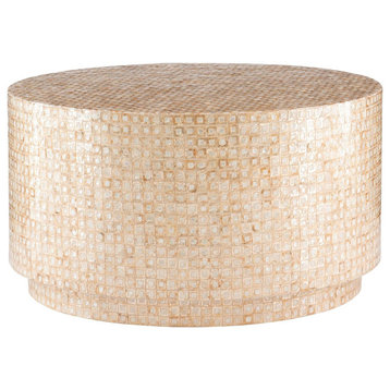 Elegant Glam Coffee Table, Round Design With Unique Capiz Shell Mosaic Pattern