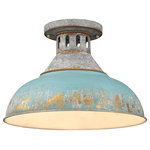 Golden Lighting - Kinsley Semi-Flush With Teal Shade Shade - Kinsley has a rustic, vintage appeal that is perfect for homes with eclectic or farmhouse decor. The Aged Galvanized Steel frame balances the numerous antique shade color options offered in this collection. The hand-painted series has a distressed, weathered look. Choose a shade that fits your existing color scheme or opt to design around a variety of vintage shade option.
