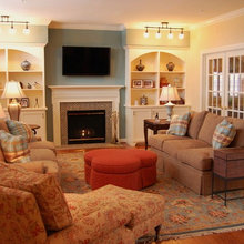 Shelves surrounding fireplace