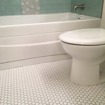 Bath with Seafoam Glass Subway Tiles and Bubbles!