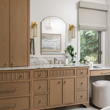Primary Bath White Oak Vanity with Linen Tower & Fluted Details