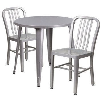 30'' Round Silver Metal Indoor-Outdoor Table Set, 2 Vertical Slat Back Chairs