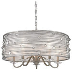 Golden - Golden Lighting 1993-5 PS Joia 5 Light Chandelier - The Joia collection was inspired by jewelry. Transitional in style, the fixtures are ideal for eclectic and contemporary room decors. The brushed Peruvian Silver finish is lightly antiqued. The hand-wrapped wire frames are accented with Clear Glass crystals that glisten when lit. The Sheer Sterling Mist fabric shade romantically diffuses the light. Chandeliers create stylish focal points and this 5-light chandelier is comfortably sized for an intimate dining room or entry.