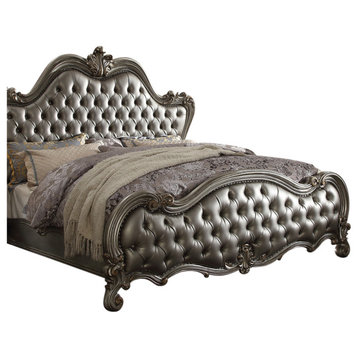 ACME Versailles II Eastern King Bed, Silver PU and Antique Platinum