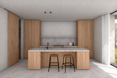 Offene, Zweizeilige, Mittelgroße Moderne Küche mit Unterbauwaschbecken, flächenbündigen Schrankfronten, hellbraunen Holzschränken, Betonarbeitsplatte, Küchenrückwand in Beige, Betonboden, Kücheninsel, beigem Boden und beiger Arbeitsplatte in München