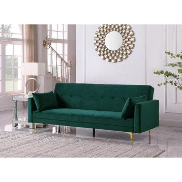 Siena Velvet Convertible Sleeper Sofa With Pillows, Emerald Green