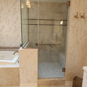 Elegant White Bathroom with Beige Tiled Shower