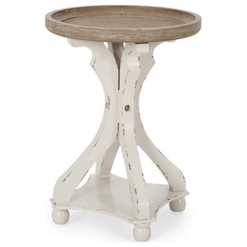 Canaan French Country Accent Table With Round Top, Natural/Distressed White