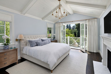 Inspiration for a timeless dark wood floor and brown floor bedroom remodel in San Francisco with blue walls and a standard fireplace