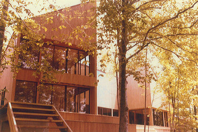 Ejemplo de fachada beige moderna extra grande de dos plantas con revestimiento de madera y tejado de un solo tendido