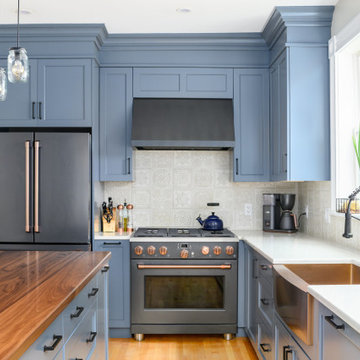 Blue Paint and Walnut Kitchen - Auburndale, MA