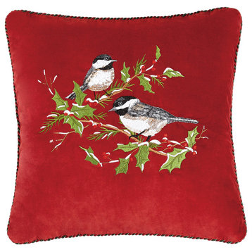 Holiday Chickadees With Winterberry Embroidered Velvet Pillow