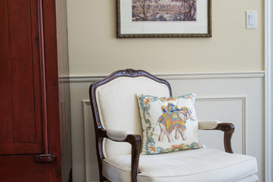 Example of a large classic formal and open concept dark wood floor living room design in Toronto with yellow walls