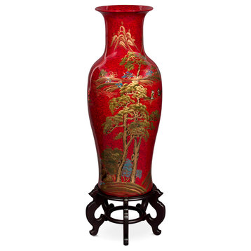 36in Red Lacquer Chinoiserie Scenery Motif Chinese Porcelain Vase