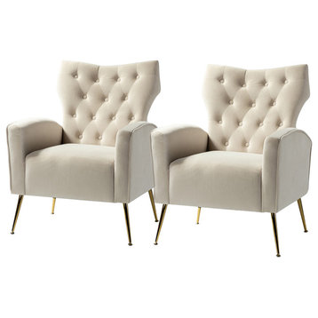 Upholstery Velvet Accent Chair With Button Tufted Back Set of 2, Tan