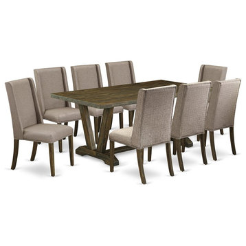 East West Furniture V-Style 9-piece Wood Dining Room Set in Dark Khaki Brown