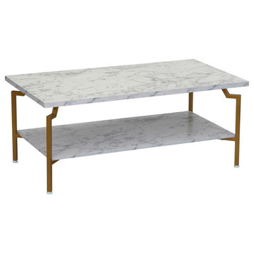 Crown Rectangular Coffee Table With Storage Shelf White Marble and Gold Metal