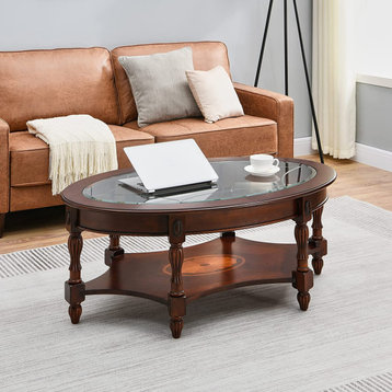 Traditional Coffee Table with Tempered Glass Top and Storage Shelf