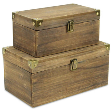 Set of 2 Brown Wood Box With Bronze Corner Accent