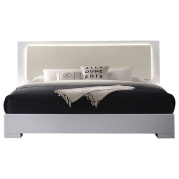 Athens, White Lacquer Platform Bed With LED Lighting, Eastern King