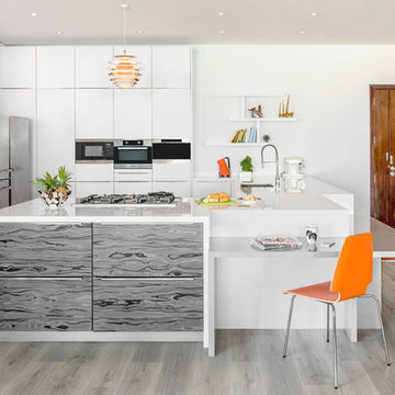 white gloss and timber combo