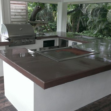 Barbecue area with Concrete counters in Summer kitchen