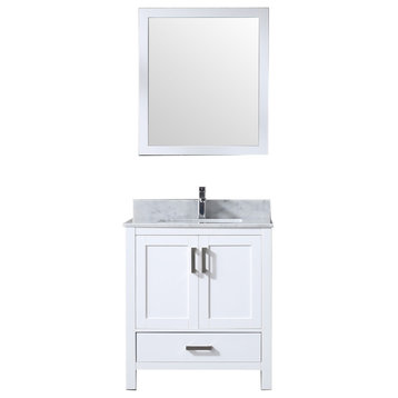 Jacques 30" White Single Vanity, White Carrara Marble Top, Sink,28" Mirror