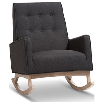 Retro Modern Rocking Chair, Whitewashed Rubberwood Frame, Dark Gray Fabric Seat