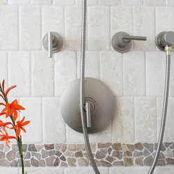 Island Stone random tile bathroom shower and sink - Tile