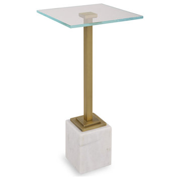 Contemporary 11" x 24" Iron WhiteGlass Marble Brushed Brass Accent Table