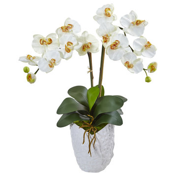Double Phalaenopsis Orchid Silk Arrangement, White Vase