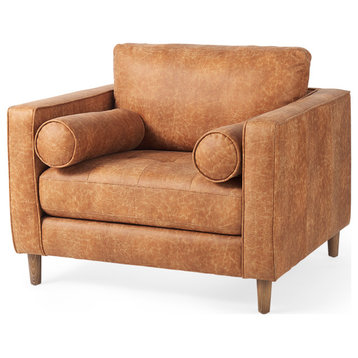 Loretta 40.7Lx36.2Wx33.9H Cognac Brown Faux Leather Chair, Two Bolster Cushions