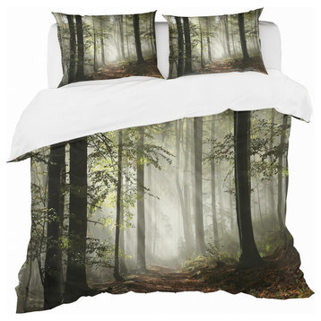 Light in Dense Fall Forest With Fog Traditional Duvet Cover, Twin