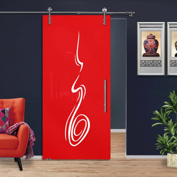 Sliding Door With Painted Glass & Modern Design V1000, 34"x81", Red Back Painted